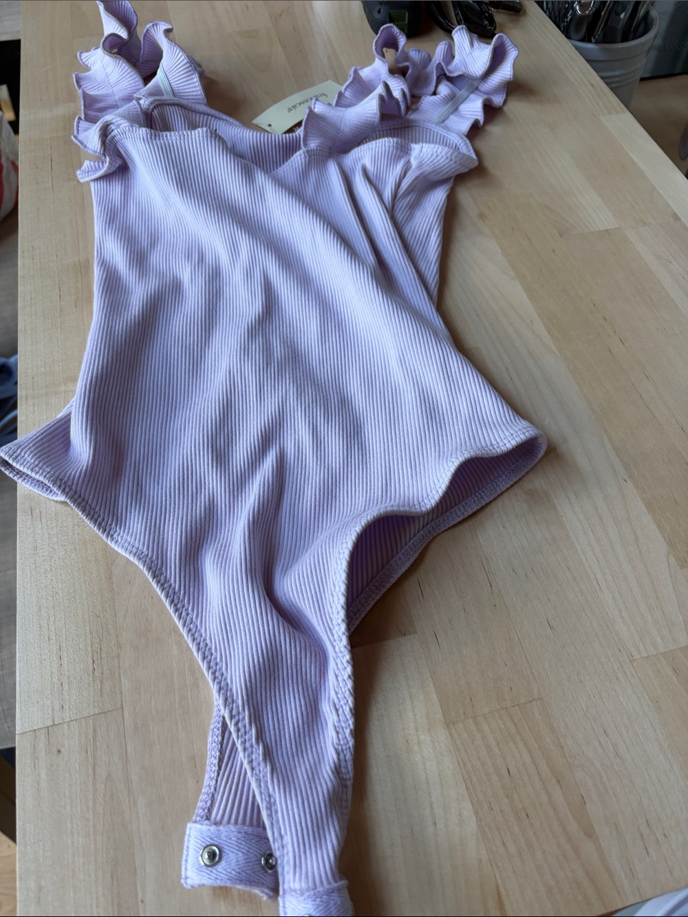 Francesca's Collections Light Lavender Ribbed Ruffle-Strap Bodysuit - Picture 4 of 4